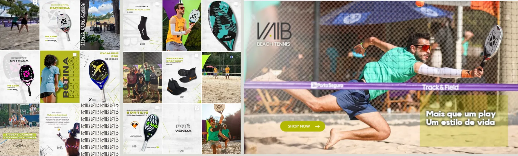 Banner e posts da marca de beach tennis VAIB